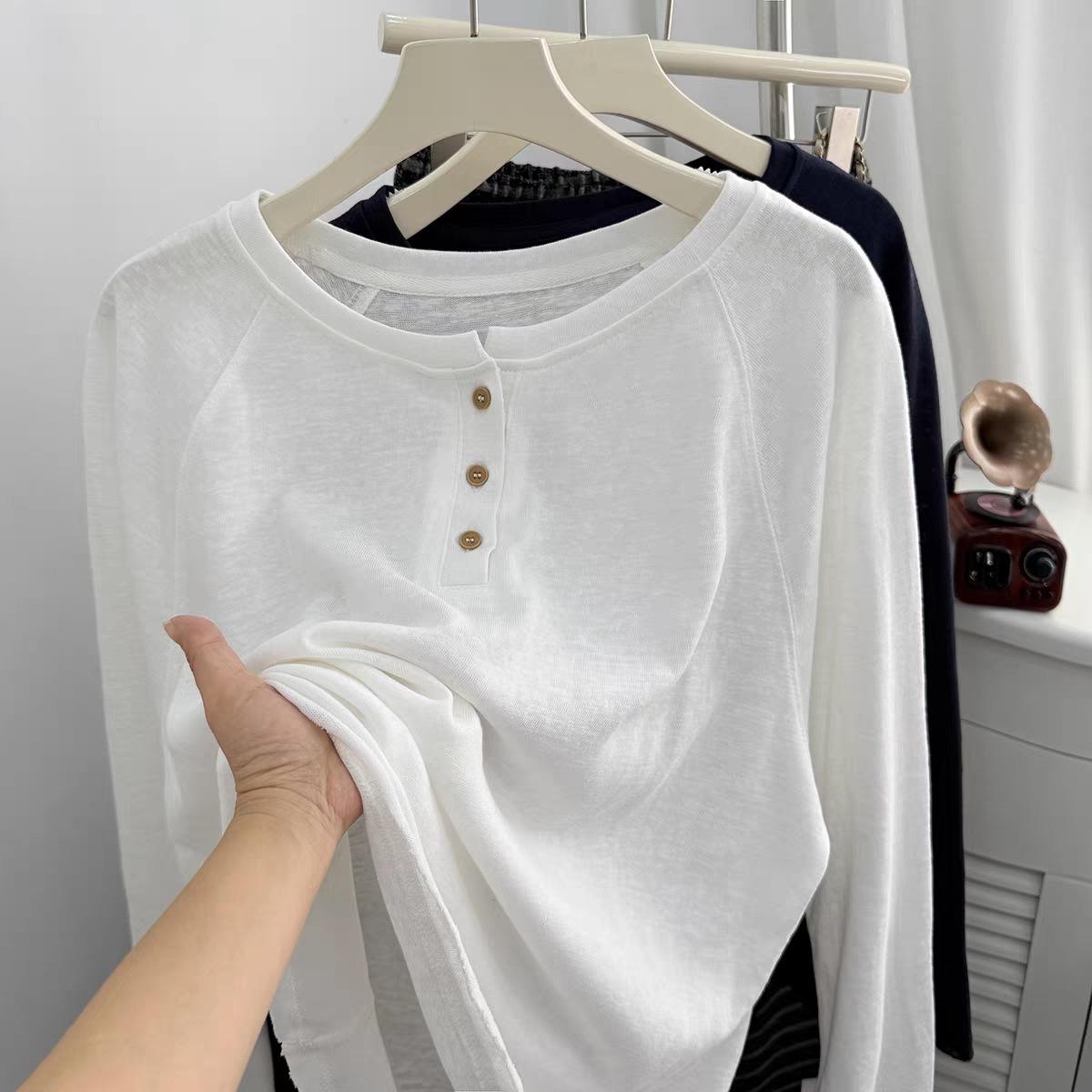 

Women s Korean Style Pure Cotton Slimming Long Sleeve T-Shirt with Three-Button Detail - Autumn Casual Wear 4XL