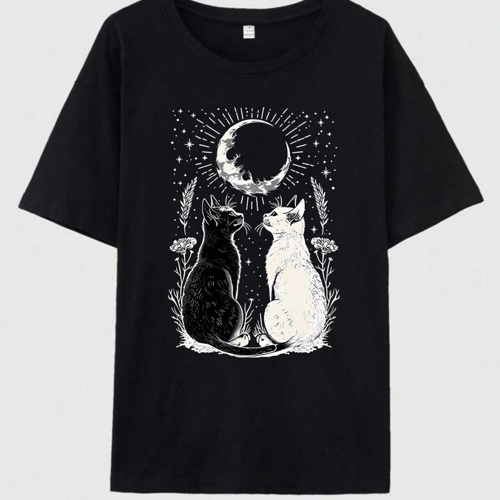 

Black and white cat looking at moon pattern print T-shirt fashion women s top summer short-sleeve women s clothing S