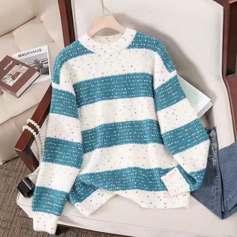 New special yarn half-height round neck loose thickened warm color matching horizontal strip with knitted top sweater women