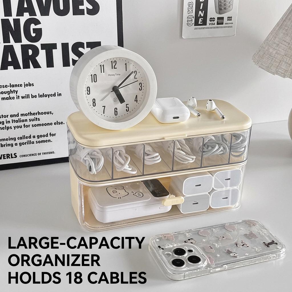 Double Layer Transparent Cable Organizer Box PP Material Dustproof Data Cable Storage Container for Desktop Office Home Dorm
