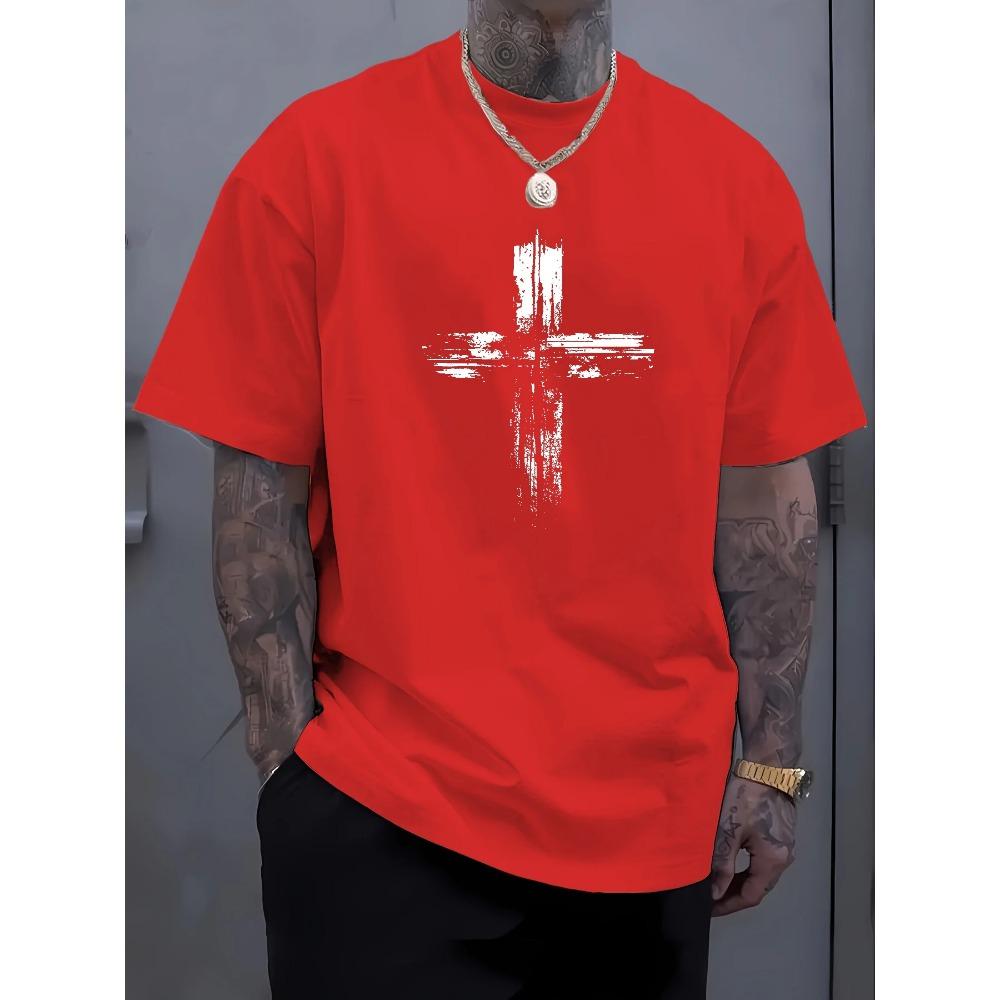 Men's Summer 100 Cotton Fashionable Casual Loose Plus Size Retro Cross Print Sports Round Neck Short Sleeved T-shirt Top