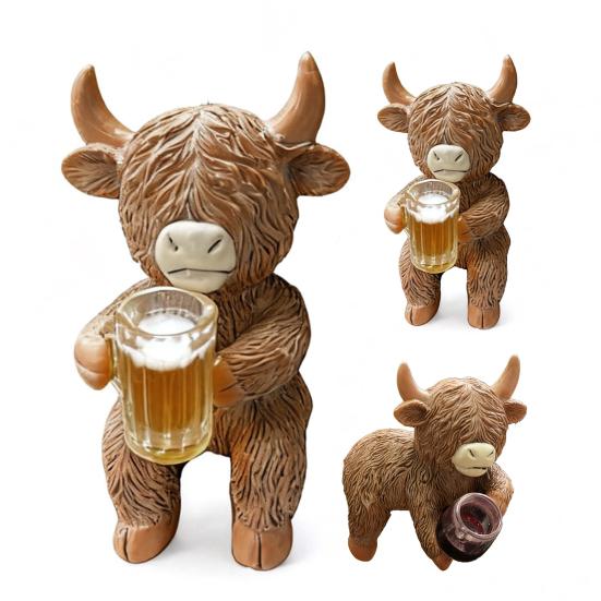 Drinking Highland Cow Figurine Holding Wine Beer Cup Highland Cattle Statue Resin Animal Sculpture Outdoor Garden Flower Pot Hugger Ornament