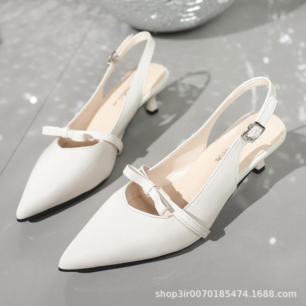 Foreign Trade Large Size Bow One-word Buckle with Pointed Head High Heels Temperament Feminine Elegant Bag Head Sandals Children