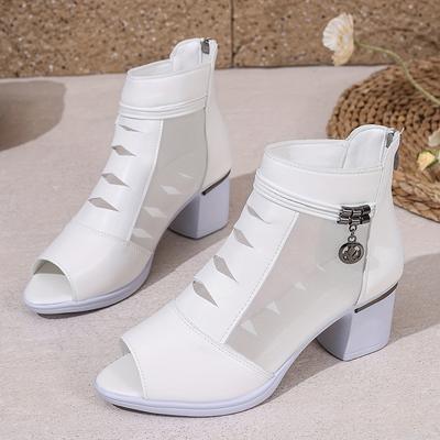 Outdoor Ladies' Mesh Fashionable Ankle Boots, Chunky Heeled Peep-Toe Shoes, Stylish Solid Color Short Boots for Wear.