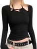 Damen Frühling Herbst Einfarbiges Enganliegendes T-Shirt Langarm Unregelmäßiges Neckholder-Oberteil mit Cut-Out und Raffung