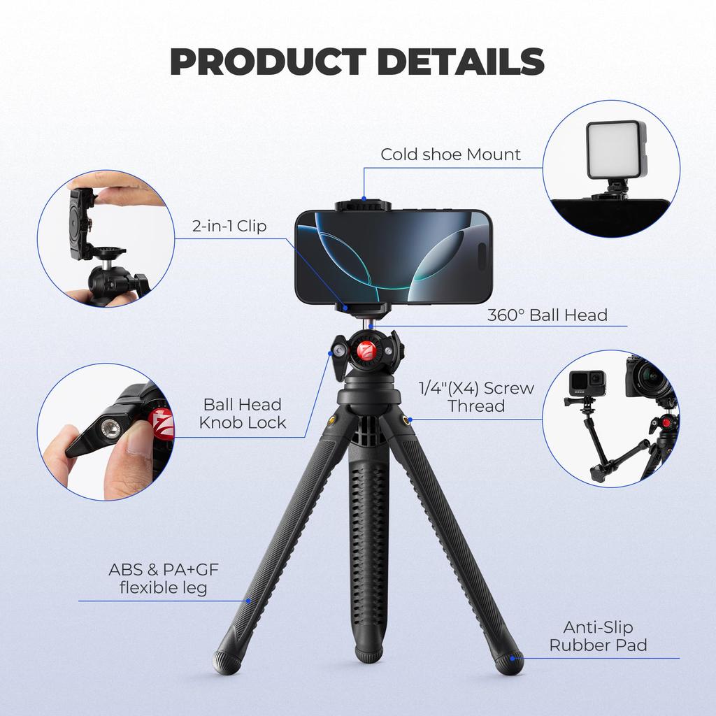 Suporte Tripé Freewell Vlogpod 3K com Suporte para Telefone e Montagem de Sapata Fria com Parafuso Ideal para DSLR e Vlogging Suporta até lbs 1/4" - iPhone, Câmera,