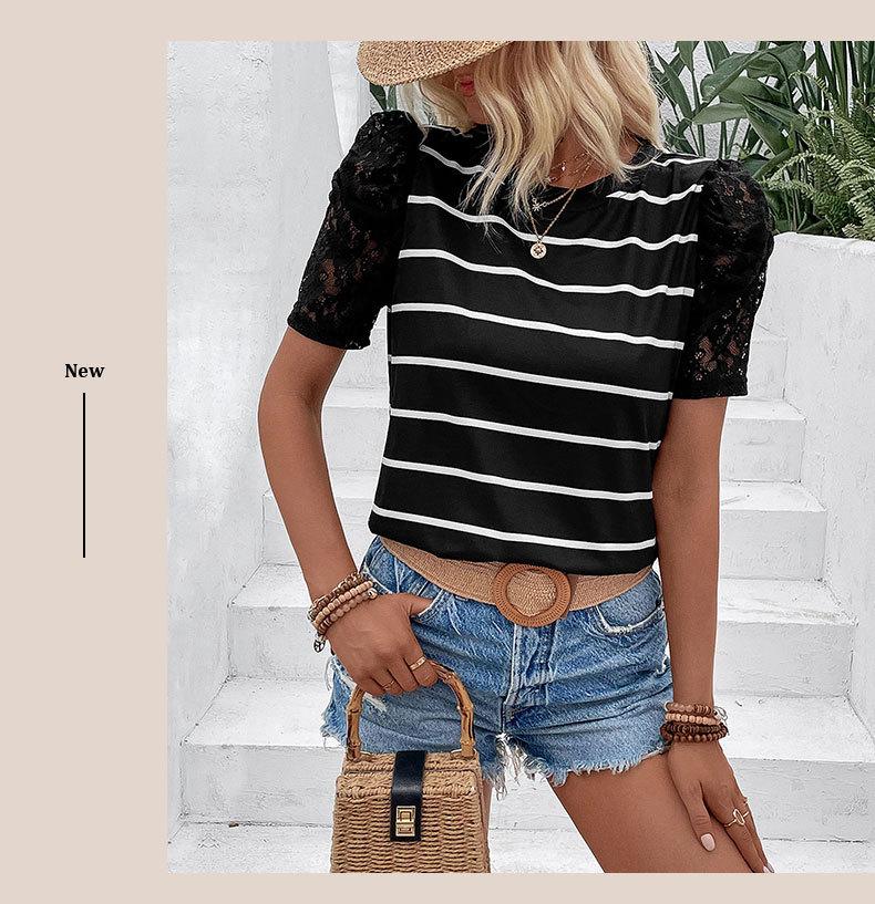 

Летняя женская футболка с круглым вырезом и коротким рукавом в полоску, кружевной удобный повседневный тонкий топ S чёрный
