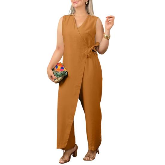 Summer Jumpsuit Sleeveless V Neck Lace-up High Waist Plus Size Wide Leg Pure Color Asymmetric Casual Jumpsuit for Parties Dates