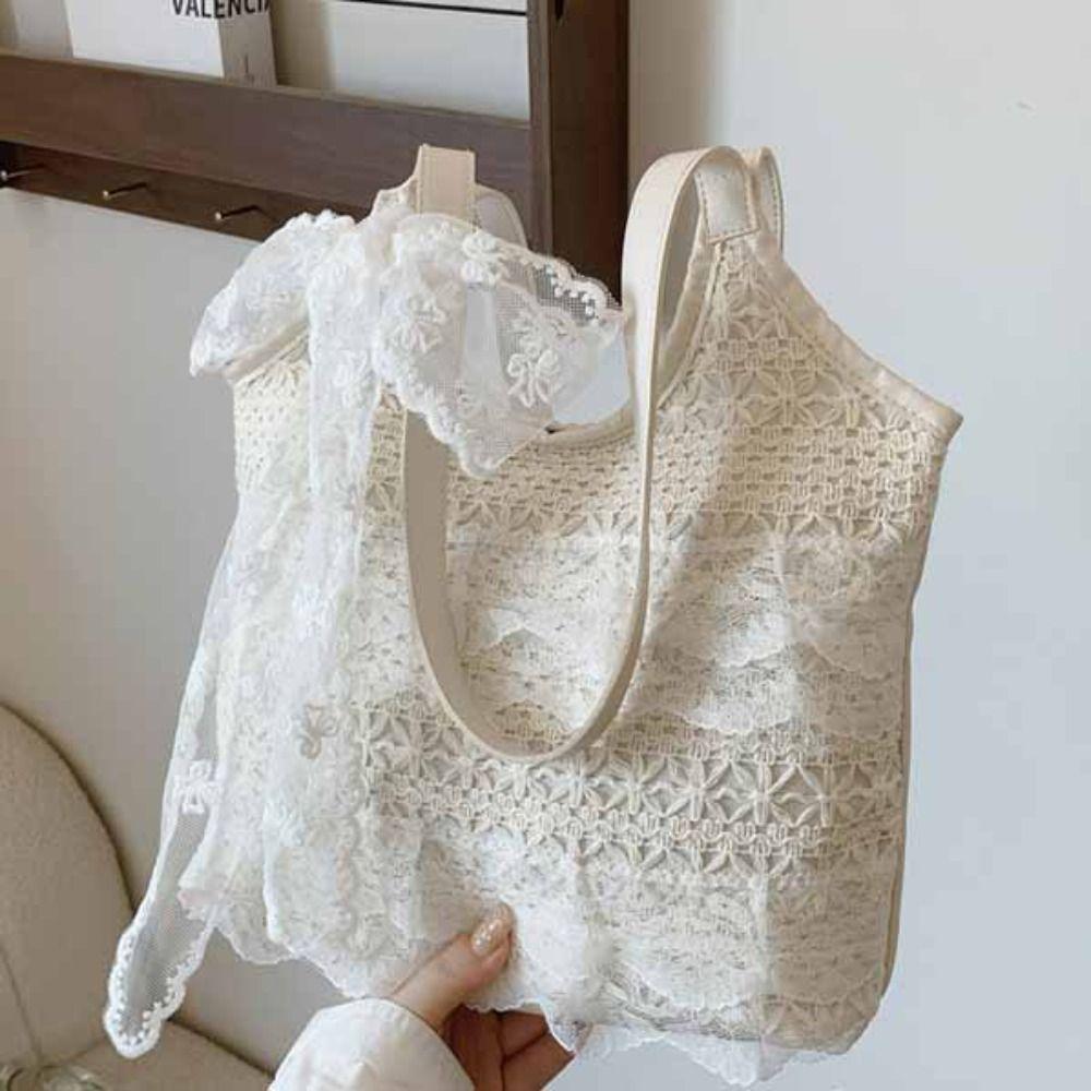 Korean Style Lace Shoulder Bag With Ribbon Large Capacity Bag Simple Canvas Handbag Travel