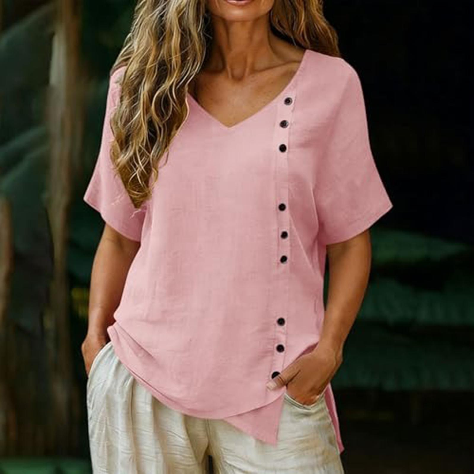 

Women s V-neck Cotton And Linen Buttoned Short-sleeved T-shirt Top M рожевий