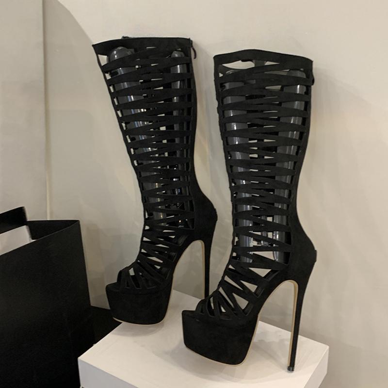

Сексуальные ботильоны на толстой подошве с открытым носком, 16 см, на тонком каблуке, для вечеринок, стриптиза, танцев на пилоне, с вырезами, ботинки до колена, женские ботинки на платформе 41 чёрный