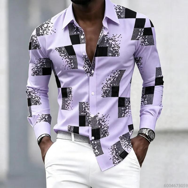 Men's Black and White Patchwork Block Fragment Printed Long Sleeved Shirt, Men's Slim Fit Trend Lapel, Business Casual Shirt