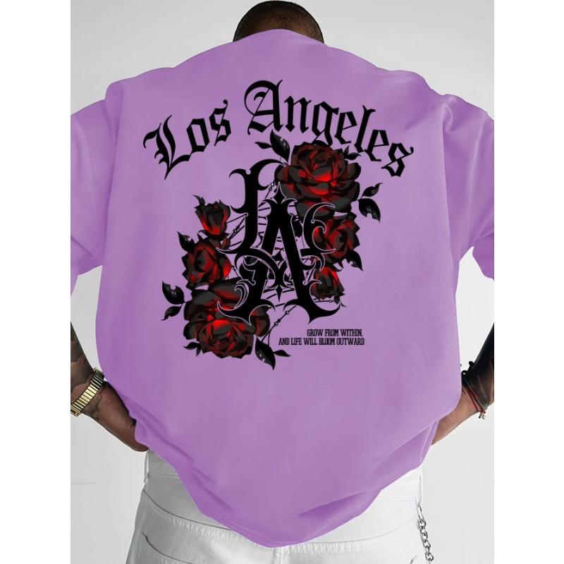Men's Gothic Streetwear T-Shirt Los Angeles LA & Red Rose Graphic 3d Print Summer Crew Neck Short Sleeve Polyester Tees Tops