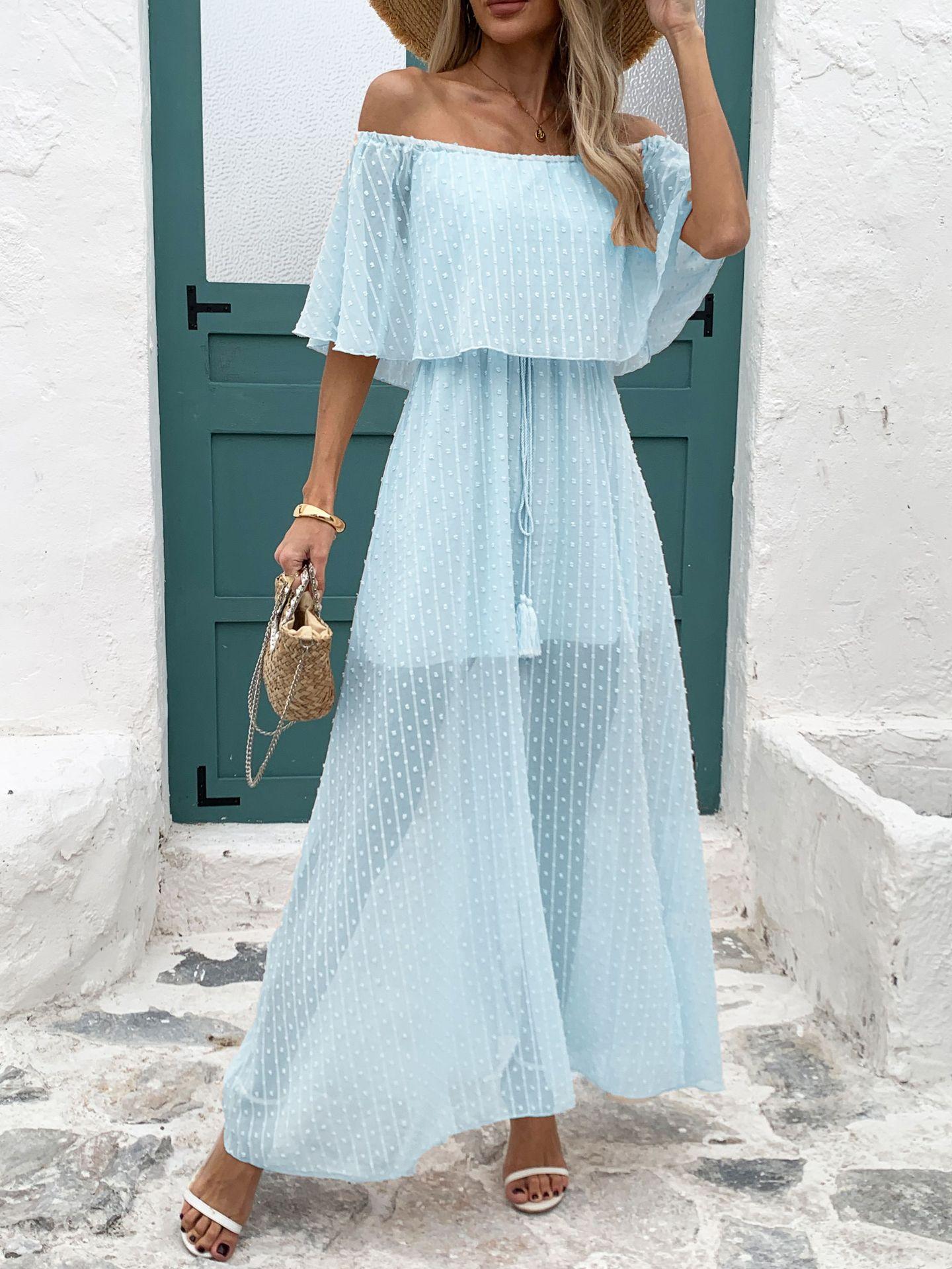 

Women s Off-Shoulder Midi Dress with Drawstring Waist, Flowy Beach Dress, Boho Summer Dress XXL світло-синій колір