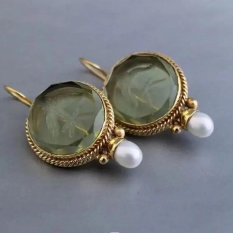

Vintage Medieval Ethnic Green Printed Geometric Hexagonal Earrings for Women Elegant Imitation Pearl Temperament Jewelry