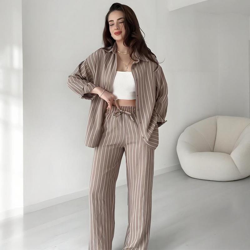 

2025 Autumn Solid Color Long Sleeve Button Top with Pocket & Straight Leg Pants Set Medium