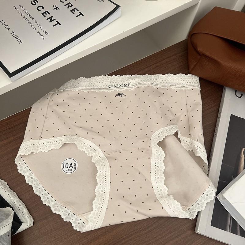 Ladies Autumn and Winter Lace Polka Dot Pure Cotton 10A Anti Bacterial Breathable High Waist Triangle Briefs