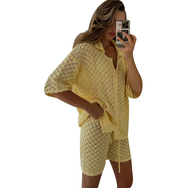 Women's Knitted Hollow Cardigan Shorts Set for Summer New Style Casual Loose Fit Solid Color Versatile Daily Commuting Women's Knitted Set