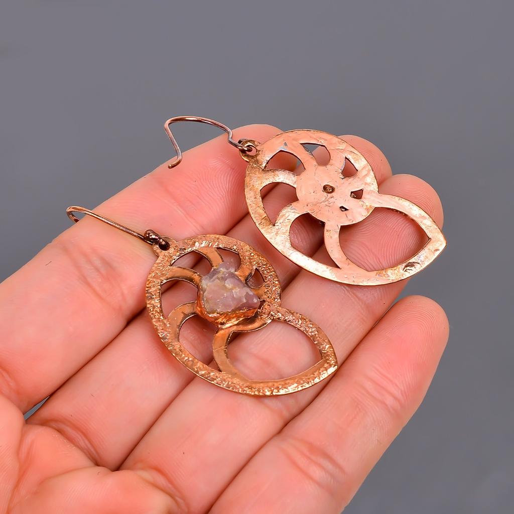 Natural Pink Sapphire Copper Dangle Daughter Gift Electroformed Earrings Jewelry V-103