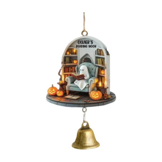 Ghost Reading Book Halloween Ornament 2D Flat Ghost In Reading Nook Hanging Decoration with Bell Window Hanging Wind Chime for Home Decor