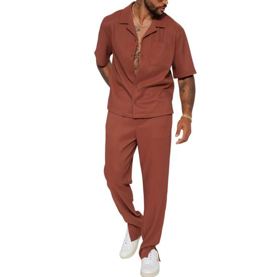 2Pcs/Set Men Outfit Lapel Short Sleeve Single Breasted Shirt Elastic Waist Long Pants Set Solid Color Loose Fit Casual Outfit