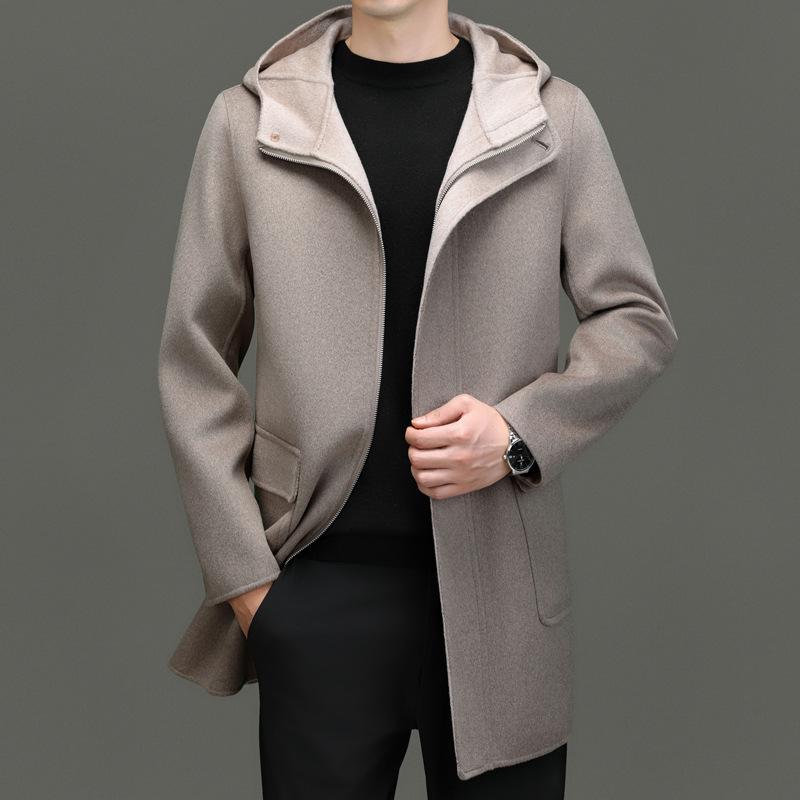 Men's Mid-Length Double-Sided Pure Wool Hooded Coat - Autumn/Winter Trendy Youth Outerwear