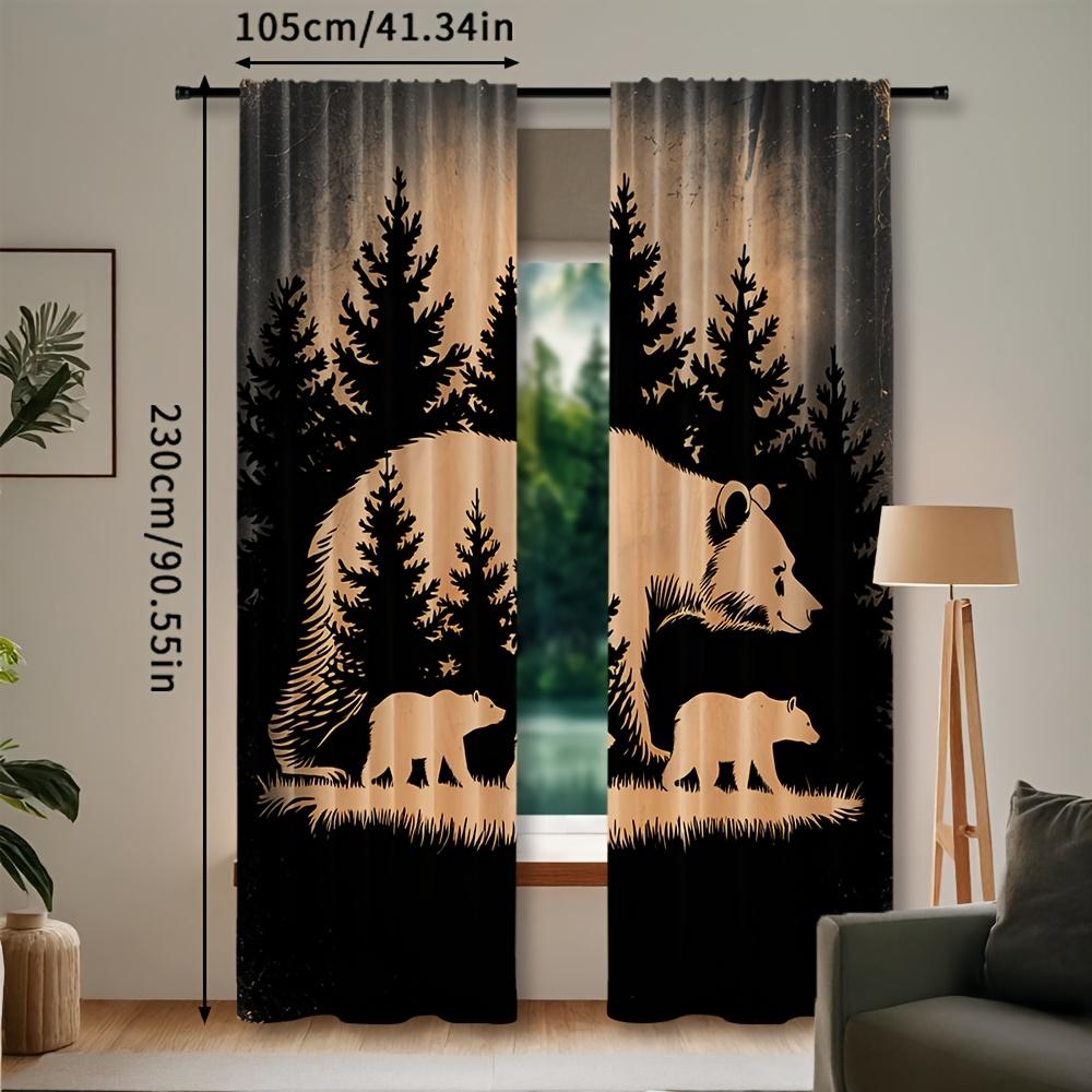2pcs Black Bear Family Forest Scene Semi-Sheer Curtains   Contemporary Woven Polyester Pongee for Bedroom   All-Season Decorative