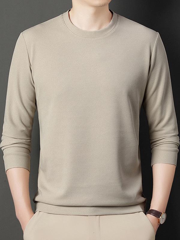 Men's Waffle Knit Long-Sleeve Hoodie - Solid Color Versatile Round Neck T-Shirt for Spring and Autumn