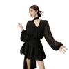 Einfarbige V-Ausschnitt Langarm Netz-Patchwork Kleid - Damen Frühling Society-Stil Faltenrock Kurz