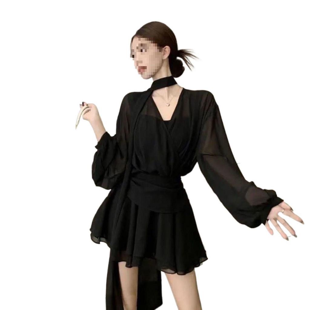 Einfarbige V-Ausschnitt Langarm Netz-Patchwork Kleid - Damen Frühling Society-Stil Faltenrock Kurz