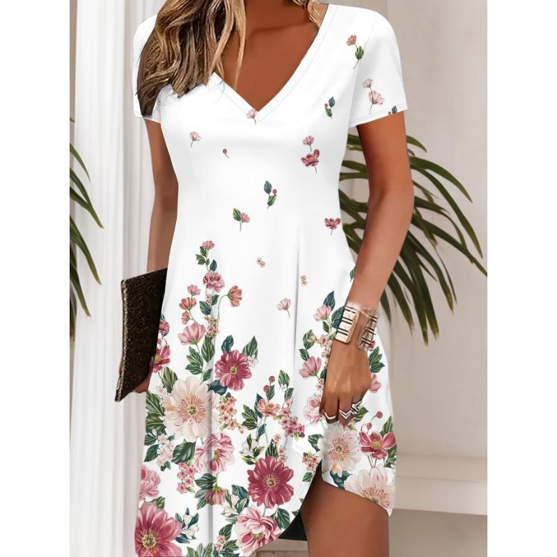 Women s 3D printed and colored floral V-neck dress S