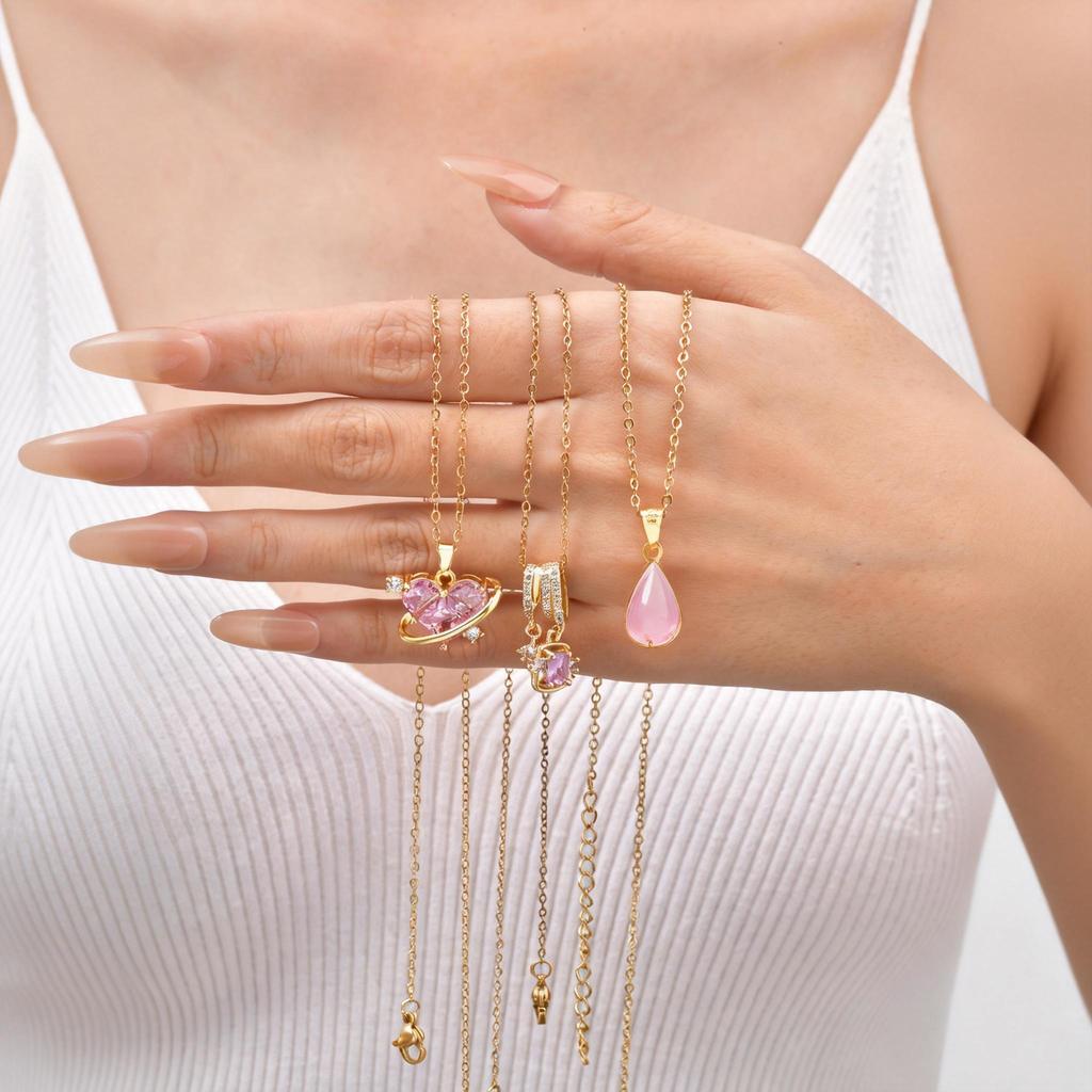 Pink Water Drop Zircon Pendant Necklace for Women Link Chain Tulip Flower Necklaces Luxury Daily Charm Jewelry Gift