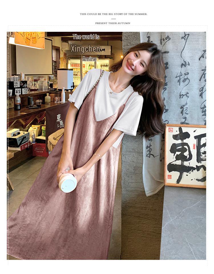 Summer 2025 Women's Gradient Suspender T-Shirt Dress - Age-Reducing, Fake Two-Piece, Medium-Length