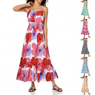 Dámské letní maxi šaty bez rukávů květinový špagetový pásek Smocked Boho Beach dlouhé šaty plážové oblečení na dovolenou