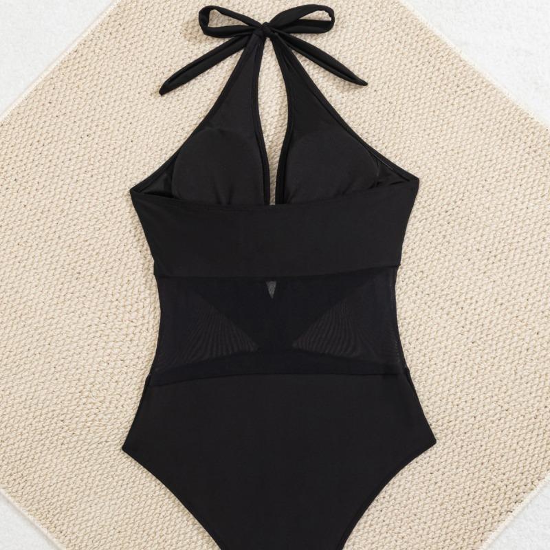 Women's New Mesh Patchwork Halter Sexy One Piece Bikini Swimsuit