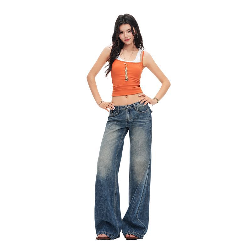 Spring Summer Vintage Dip Dye Mid Waist Slightly Relaxed Flare Denim Pants For Women Casual Pants Oversize Denim Trousers
