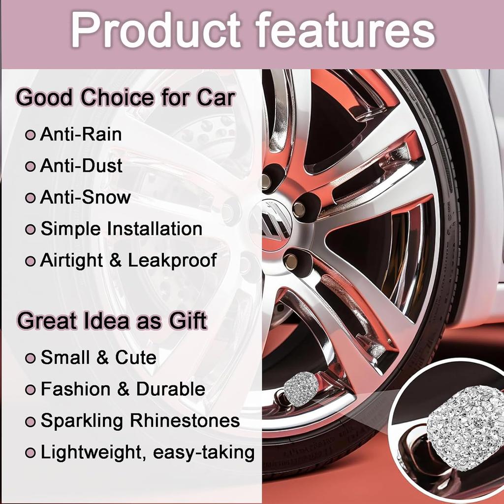 Bling Tire Valve Stem Caps 4 Pack Crystal Tire Caps Shinny Rhinestone for Women, Wheel Tire Valve, Car Accessories Universal for Cars, Trucks, SUV