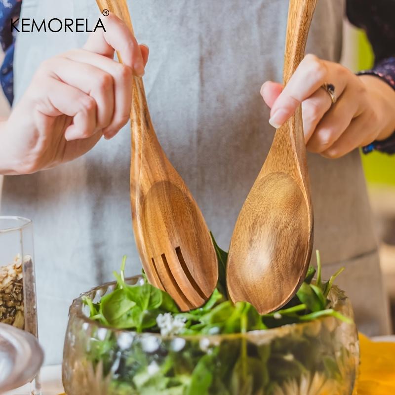 Akaciaträ Salladsbestick Set med 2 Långskaftad Sked Och Gaffel Set för Blandning Hållbara KöksServeringsverktyg