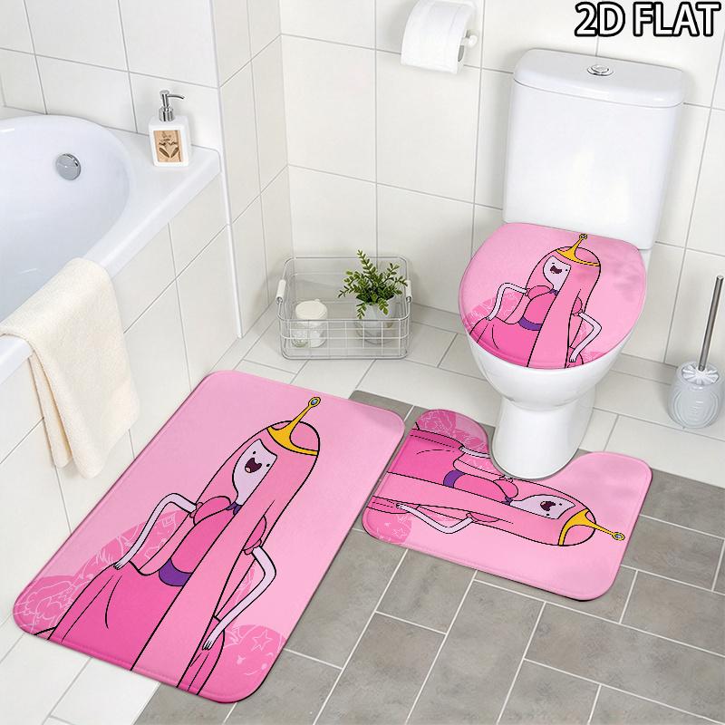 3pcs Adventure Time Pattern Flannel Nonslip Absorbent Washable Decorative Bathroom Home Toilet Seat Cover Mat