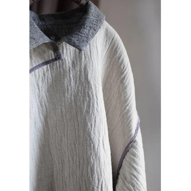 Johnature Linen Lapel Vintage Style Loose Shirt Autumn Woman Long Sleeves Splicing Contrast Color Shirt