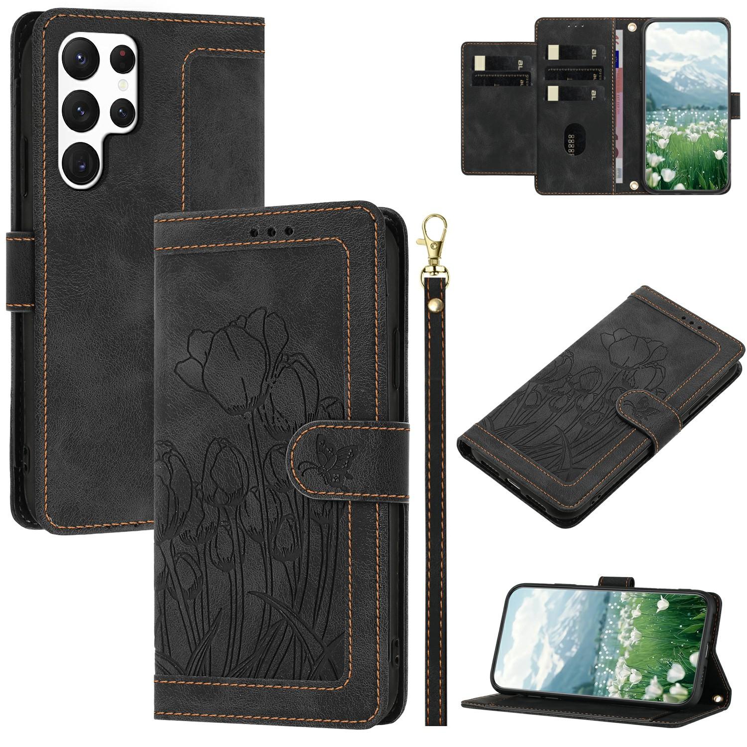 

For Samsung Galaxy S23 Ultra Case Tulip Leather Phone Cover with 5 Card Slots Wallet Black