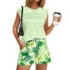 Women’s Casual Round Neck Pleated Top and Hawaiian Print Shorts Two Piece Set Sleeveless Relaxed Fit Summer Outfit