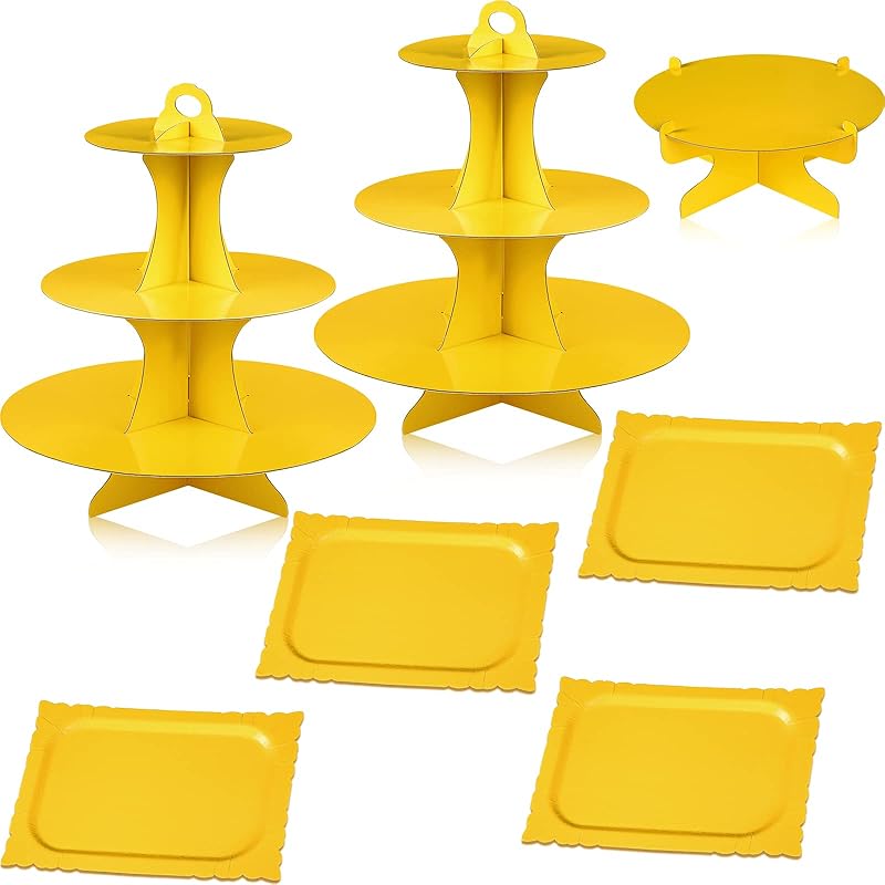 Zopeal 7 Pieces Cake Stand Set 3-Tier Cardboard Cupcake Stand 1-Tier Cupcake Display Round Rectangle Serving Tray Reusable Platters Cupcake Holders жёлтый