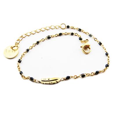 [R0257] - Designer Steel Bracelet 'Boho' Black Gold - 10x3 Mm (feather)