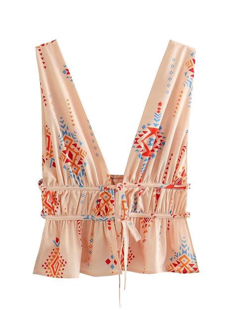 

Майки, женские модные топы с завязками и принтом, сексуальные топы с открытой спиной и широкими бретелями, женские майки Mujer с v-образным вырезом, повседневная одежда L бежевый