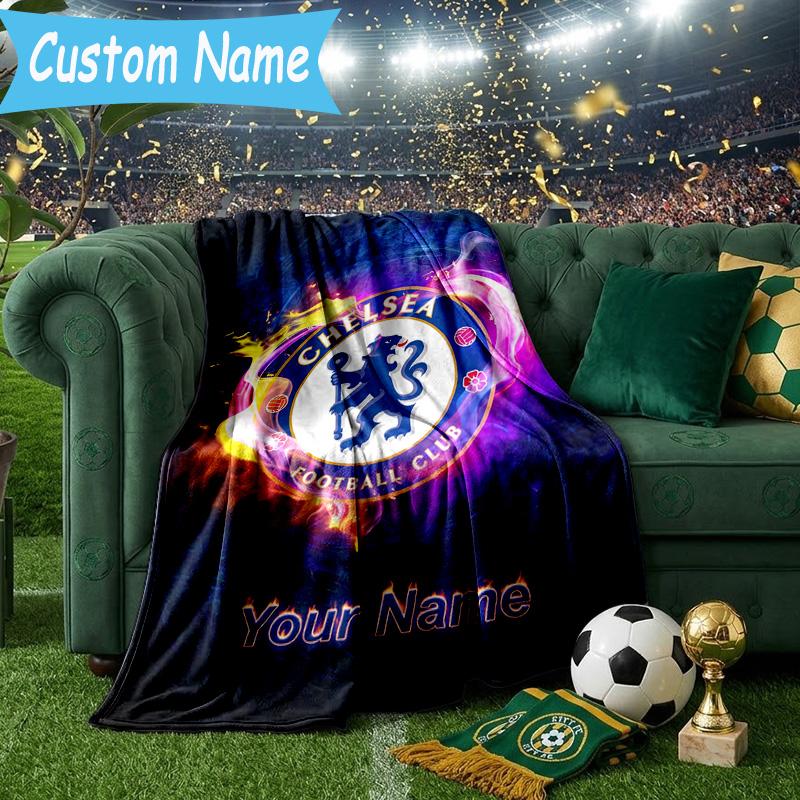 Custom Name Chelsea Football Club Crest Flannel Blanket, Use for Birthday/Holiday Gift, Soft Blanket for Sofa/Bed/Camping/Office, Home Decor