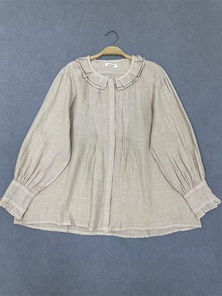 Johnature Autumn Round Neck Single Button Loose Long Sleeve Shirt Solid Color Pleated Casual Shirt For Women