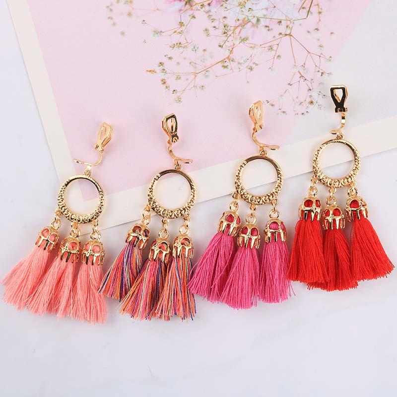 8 Trendy Bohemian Statement Tassel Clip On Earrings For Women Non Pierced Dangle Cotton Rope Fringe Clips Ear Jewelry Gift