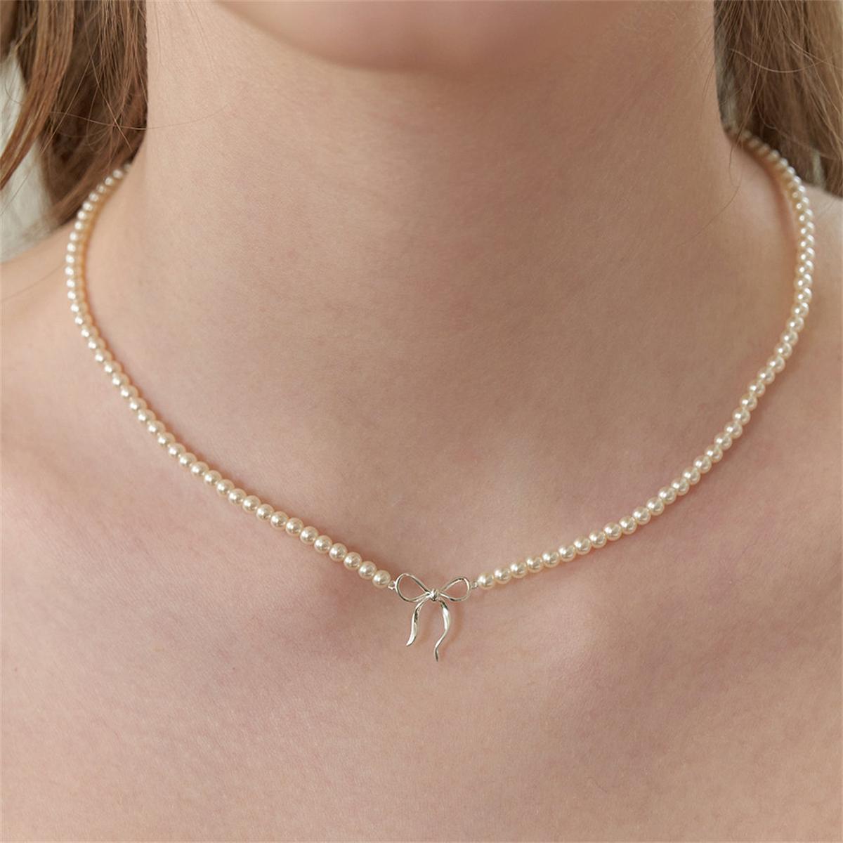 Handmade Beaded Pearl Bow Necklace Tie Knot Pendant Plating True Gold Color Preserving Neckchain 38
