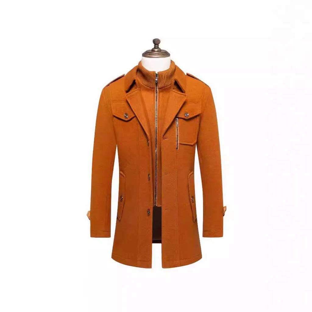 European Men's Wool Coat, Double Collar, Vertical Zipper.